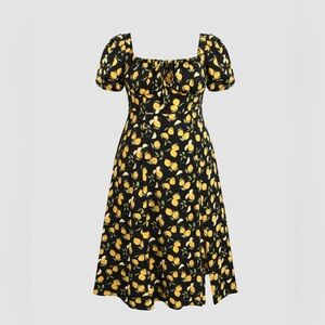 Gorgeous & vibrant lemon 🍋 cottagecore style midi dress w/ slit & puff sleeves